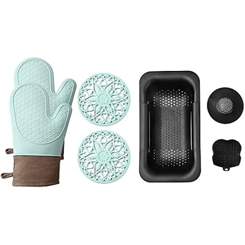 Domonic Home Oven Mitts and Pot Holders Sets,Over The Sink Colander, Aqua Sky+Black Cover