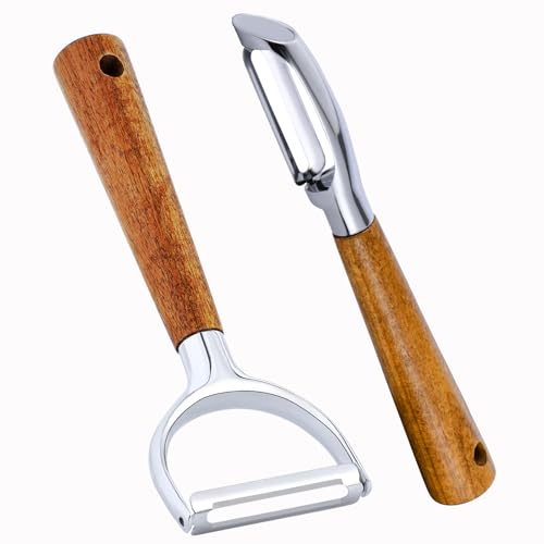Vegetable Peelers for kitchen, Potato, Apple, Fruit, Carrot, Veggie, Y-Shaped and I-Shaped Stainless Steel Peeler with Acacia Wood Ergonomic Non-Slip Handle & Sharp Blade (2PCS)