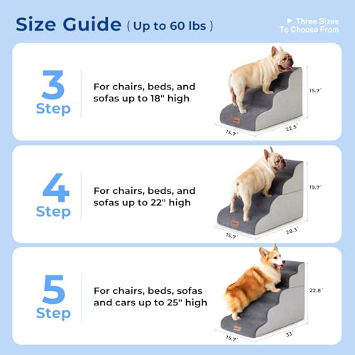 Dog Stairs for High Beds 22.8" H - Pet Stairs Ramp for Couch, 35D Foam Dog Steps for Small to Large Dogs with Non-Slip Bottom Grey, 5 Steps - Image 6