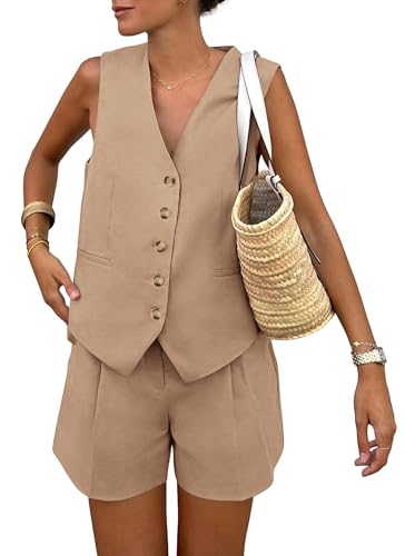 Tomosc Conjunto de 2 Piezas para Mujer, Conjunto de Lino sin Mangas, Cuello en V, Chaleco con Botones y Pantalones Cortos, Caqui, S