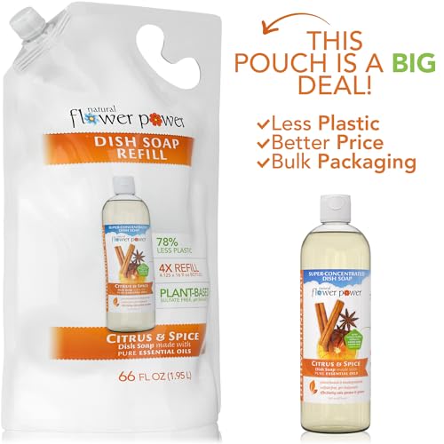 Image of Natural Flower Power Liquid Dish Soap Refill - 66 Fl Oz Refills 4X - Plant-Based & Scented w /Pure Essential Oils - Natural Dishwashing Detergent - Sulfate-Free Kitchen Soap (Citrus & Spice)