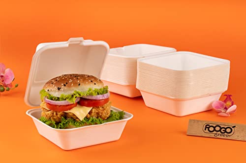 FOOGO Green 50 Stück umweltfreundliche Clamshell-Verpackungsboxen für Takeaway-Burger, 6 Zoll, 17oz / 480ml, hergestellt aus natürlicher Zuckerrohrpulpe, Einweg-Verpackungsbehälter, kompostierbar