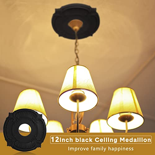 Image of 2 Pieces PU Ceiling Medallion Decorative Ceiling Fan Medallion Round Home Lighting for Light Fixtures Chandeliers, 12 inchod x 3.5 inchID(Black)