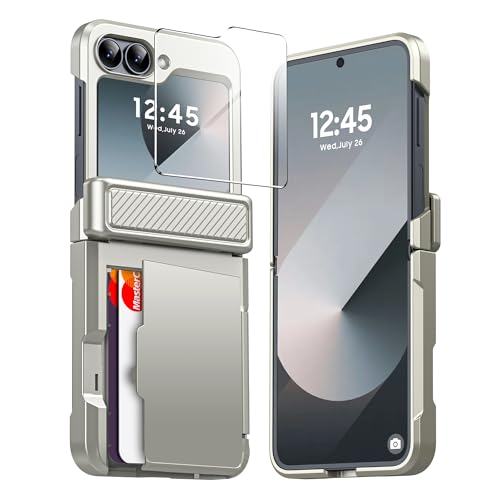 Image of Midkart Card Holder Case Compatible with Samsung Galaxy Z Flip 6 / Z Flip 7 FE with Hinge Protection Built-in Screen Protection Armor Cover Shockproof, Natural Titanium
