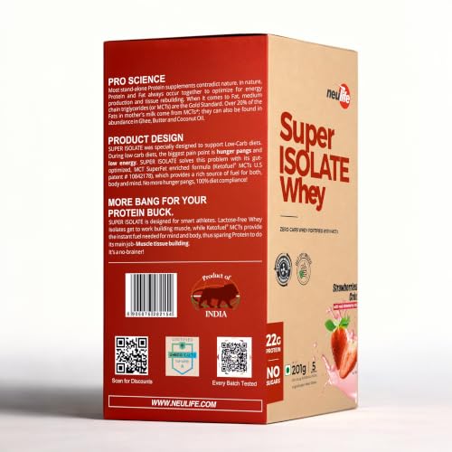 Image of Neulife SUPER ISOLATE Whey Protein | Max Absorption Protein Shake with Real Fruit Chunks | | 5x40g Single Servings Sachets | 5 Serving Travel Pack | Strawberries & Creme with Real Fruit
