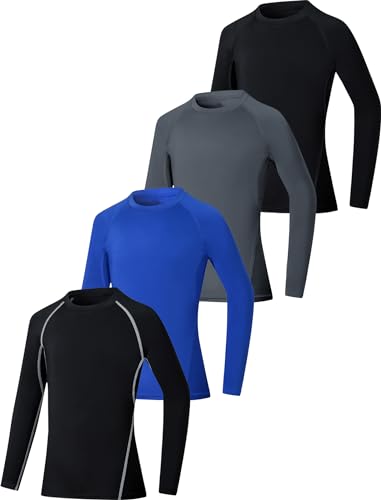 EXARUS 4 Pack Boys Compression Shirts Youth Long Sleeve Sports Athletic Base Layer Moisture Wicking Undershirts for Football 10Y