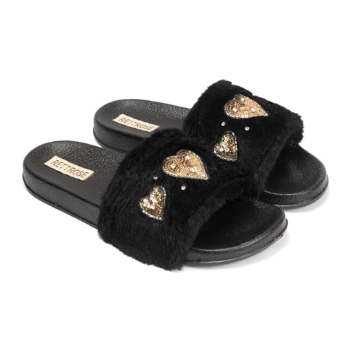 Ella Luxury Handmade Women’s Sliders – Faux Fur Plush Black Slippers with Diamanté Heart Embellishment, Comfortable Rubber Sole3