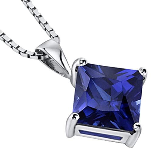 Peora Created Blue Sapphire Pendant In 14 Karat White Gold, Classic Solitaire, Princess Cut, 8Mm, 3.50 Carats Total #TOP2