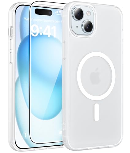 Image of FNTCASE for iPhone 15 Case: for iPhone 14 Case & iPhone 13 Case [Compatible with Magsafe] Translucent Matte Cases with [Screen Protector] Military Grade Shockproof Protective Phone Cover - White