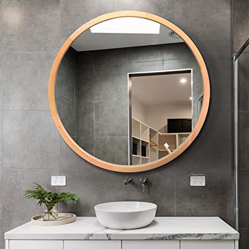 Image of FUWU HOME Wood Round Mirror 24" Circle Wall Mirror Farmhouse Bathroom Vanity Mirror for Living Room Bedroom Entryway Modern Decoration (24" Freely Natural Beech Wood)