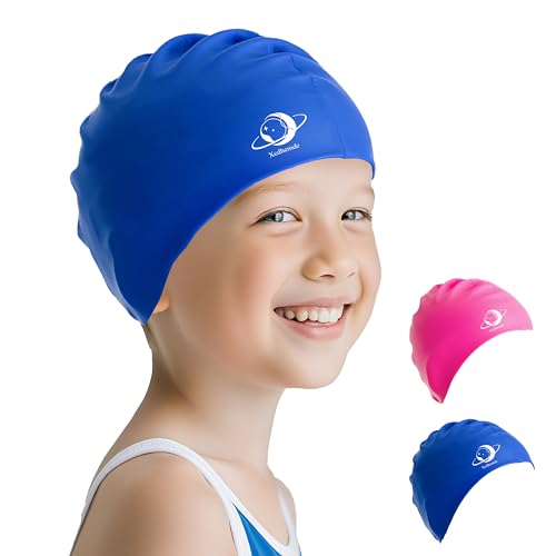 Xcdhemde® Gorro de Natación Infantil de Silicona - Gorros para Piscina Niños y Niñas - Cómodo, Suave, Ajustable y Duradero - Impermeable (Azul)