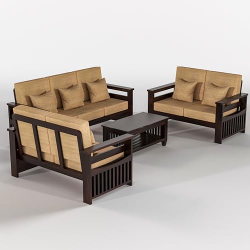 Image of Sheesham Wooden 7 Seater Sofa for Living Room | Rosewood 7 Seater Cushion Sofa Side Half Moon Rack | Solid Wood Sofa Set for Lounge (-3+2+2,Walnut)