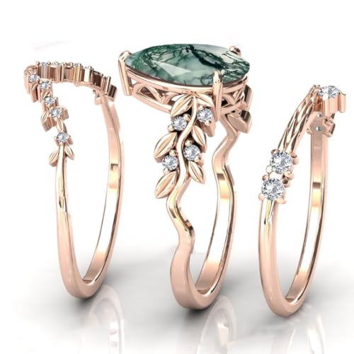 Natural Moss Agate Engagement Ring Set 925 Sterling Silver Rings for Her with Free Engraving Jewelry Gift for Women Moss Agate Vintage Ring Set-14