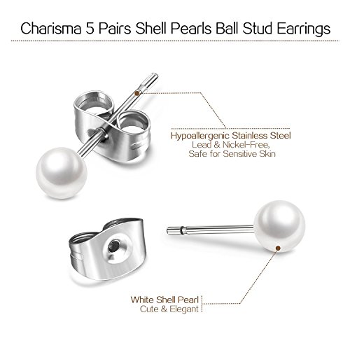 Charisma 3-7mm Composite Pearl Earrings Round Ball Pearls Stud Earrings Hypoallergenic 5 Pairs Mixed Sizes Imitation Pearl Earrings Set for Women3