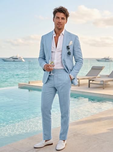 Image of Men's Linen Suit 2 Piece Slim Fit Summer Beach Wedding Prom Party | Breathable,Linen Blazer Suit Set,for Beach Weddings,Groom Wear,Prom and Outdoor Parties,Business Casual,Vacation Daily Wear