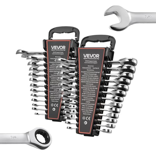 Image of VEVOR Combination Wrench Set, 26-Piece SAE and Metric, 72 Teeth, Cr-V Steel Ratcheting Wrench Set, with Rack Organizer, Open End, Clear Size Labels, for General Household, Automotive Repairs, Silver