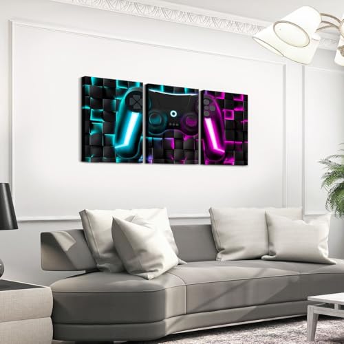 Erosebridal Boys Gamer Canvas Wall Art 3 Piece Gaming Wall Decor For Kids Teen Men Bedroom Neon Lights Ombre Grids Video Game Pictures Paintings Geometric Gamepad Poster Prints Blue Purple 12"X16"