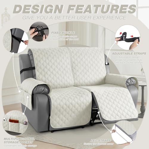 Image of TAOCOCO 100% Waterproof Recliner Covers, Recliner Sofa Covers with Leg Straps, Reversible Recliner Couch Cover for Reclining Chair, Washable Couch Protector for Pets Kids(2 Seater, Off White)