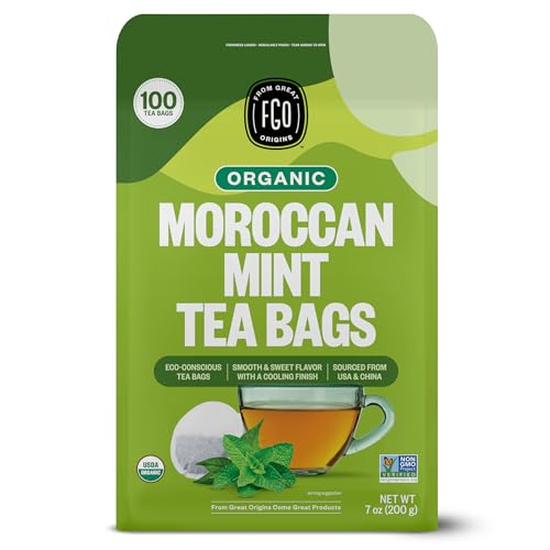 FGO Organic Moroccan Mint Green Tea, 100 Count, Eco-Conscious Tea Bags, Resealable Bag, Packaging May Vary (Pack of 1)
