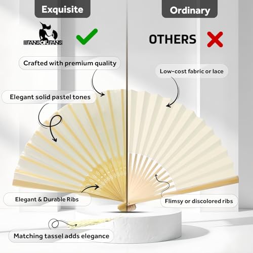 Image of Fabric Handheld Folding Hand Fan With a Tassel Grade A Bamboo Ribs for Women Girls Summer Party Event Favor Birthday Wedding Souvenir Gift (Ivory Beige)