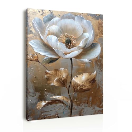 Galmcook Canvas Wall Art 12x16 Inch Framed Single Flower Painting White and Gold Modern Wall Decoration for Living Room Bedroom Hallway and Stairs Artwork Wall Pictures with Hooks and Magic Tape