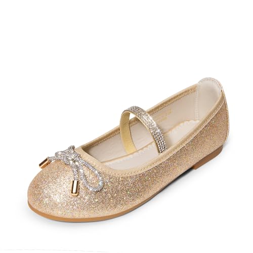 DREAM PAIRS Zapatos De Vestir para Niñas Bailarinas De Flores Sin Cordones para Fiestas, Bodas, Actuaciones, Graduaciones Y Bailes De Fin De Curso,Size 33.5,Oro/Brillo-Brillo,SDFL2409K