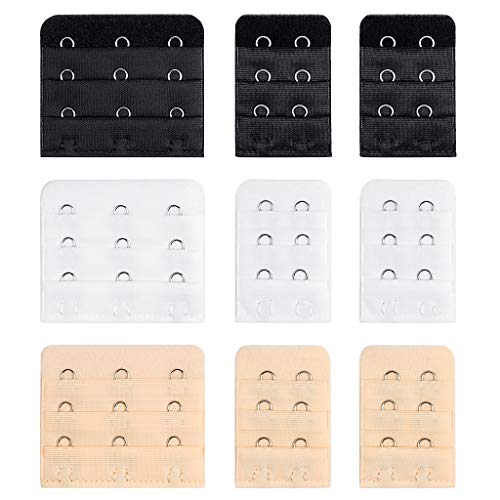 IKR 9Pcs Bra Extender Set of 3 Hooks and 2 Hooks Soft and Comfortable Women Bra Extensions-Black White and Beige