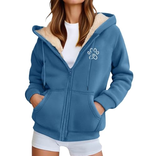 Generisch Unisex Kapuzenjacke mit Teddyfutter und Pfoten-Print - Gefütterte Fleecejacke mit Reißverschluss | Kuschelige Jacke für Tierliebhaber
