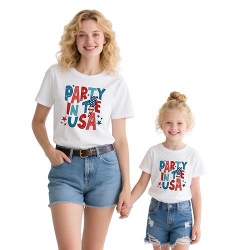 Mommy and Me 4th of July T-Shirt Mama Mini Party in The USA Shirt American Flag Bow Tees