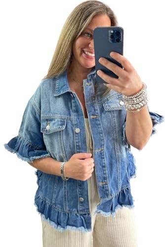 Women's Plus Size Peacock Blue Ruffled Frayed Short Sleeve Denim Jacket