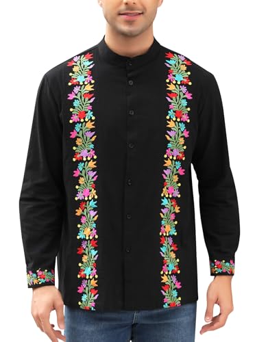 Mexican Shirts for Men Guayabera Embroidered Traditional Fiesta Button Up Mandarin Collared Long Sleeve Shirt