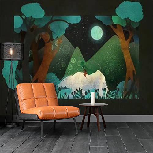 Afwadfwa Modern 3D Removable Wallpaper Self-Adhesive Girl Riding On The Polar Bear In Front Of Forest Mountains And Night Wall Murals Peel And Stick Wall Stickers For Living Room Bedroom Wall Decor #TOP2