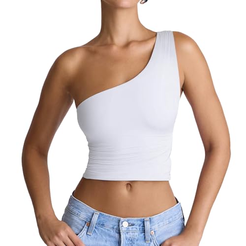 Women's Sexy One Shoulder Crop Tops Sleeveless Cropped Tank Tops Ruched Shirts2