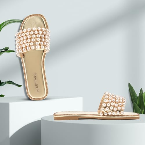 EETTARO Women's Sparkle Pearl Flat Sandals Fashion Square Open Toe Jeweled Slides Slip on Rhinestone Bling Slippers3