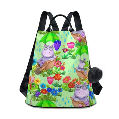 Sac à dos tendance hippopotame mignon vert femme multi-poches en polyester rigide et antivol