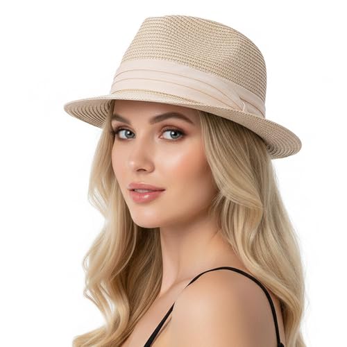Gossifan Fedora Straw Sun Hat for Men Women Short Brim Trilby Hat Panama Beach Hat UPF 50+-Beige