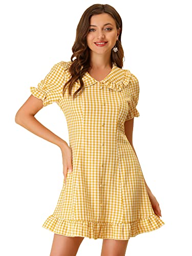 Allegra K Mini Robe à Carreaux Vichy à Volants et col Claudine années 60 pour Femme, Jaune, Taille XL