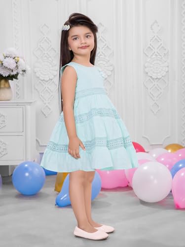 Image of Soft Cotton Lace Work Knee Length Fit & Flare Dress for Kids & Girls, Flower Embellished Frock for Casual & Special Occasion