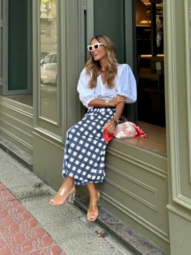 utcoco Women's Gingham Midi Skirt Retro Casual Office High Waisted A Line Pleated Checkered Skirt3