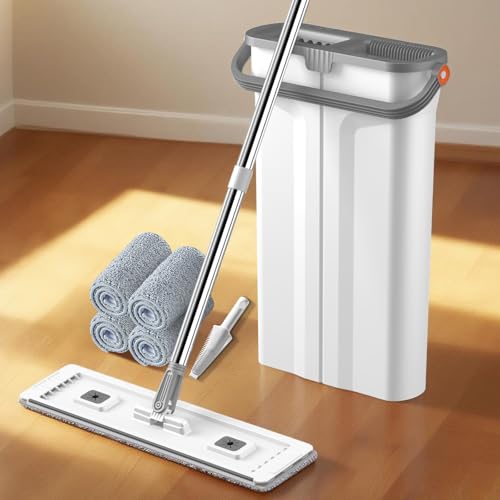 Flat Mop and Bucket System with 4-Mode Wash & Dry,Compact Hands-Free Mop and Bucket with Wringer Set Separate Dirty Water,Mops and Buckets Set for Floor,Wall,Window Cleaning with 4 Microfiber Pads