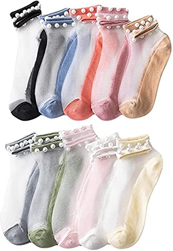 PETSBURG 5/10Pairs Pearl Transparent Socks Invisible, Ultrathin Tulle Summer Women Cute Sexy Lace Elastic Short Socks, Non Slip Thin Crystal Silk Stockings Breathable Casual Comfort Low Sheer Ankle Socks (10pcs)