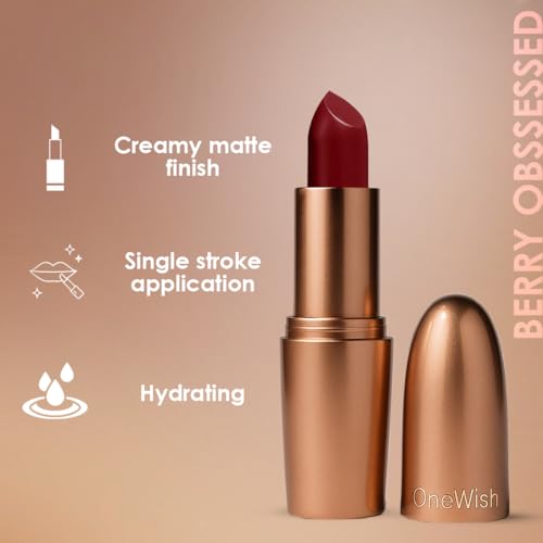 Image of One Wish Creamy Matte Lipstick Long Lasting for Women - Berry Obssessed Shade 13 | Vitamin E, Almond Oil & Shea Butter for Moisturising Lip | 8 Hrs Lasting | Smooth Finish | 3.8 gm