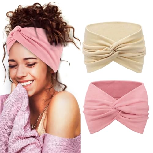 Image of MAYCREATE 2Pcs Wide Head Band Twisted Knot Headband for Women, Pink & Beige | Stylish Twisted Knot, Stretchy Cloth Design, Helps Keep Hair Away from Face During Skincare and Exercise