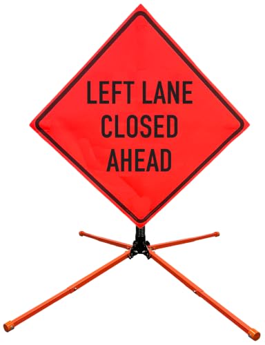 Image of OrangeGear 36 inchx36 inch Left Lane Closed Ahead Mesh Sign & Steel Spring Stand | MUTCD TTC compliant orange mesh roll-up sign kit with fiberglass cross ribs and single-spring steel stand.