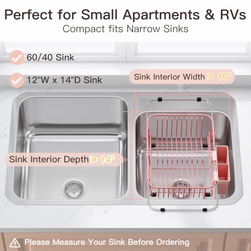 Image of JASIWAY Pink Dish Drying Rack in Sink with Utensil Holder, RV, Apartment