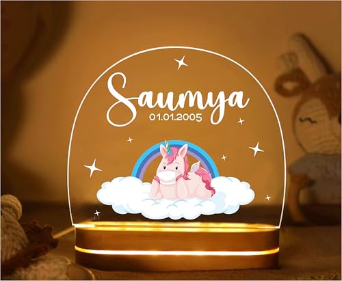 Image of PRINTHUA Plastic Personalized LED Night Table Lamp with Custom Name,Unique Gift for Women,Men,Kids,Girlfriend,Boyfriend,Husband,Wife,Perfect for Birthdays,& Special Occasions (Cute Unicorn),White