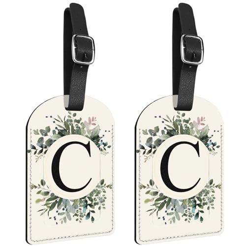 Zewurtuw 2 Pack Initial Letter Luggage Tag Monogram Tag PU Leather Monogrammed Suitcase Tags Cute Leaves Aesthetic Travel Bag Labels for Women Girls(Letter-C)
