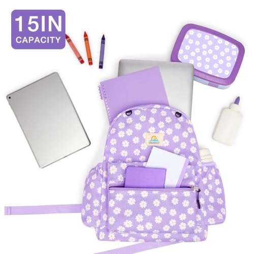 Image of STEAMEDBUN Corduroy Kids Backpack for Girls and Boys 5-8: Girls Backpack for Elementary Kindergarten - 15 inch Cute Backpacks for Kids - Purple Daisy