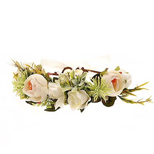 Artificial Maternity Woodland Photo Shoot Peony Flower Crown Hair Wreath Wedding Headband Crown Green Flower Crown Floral Bridal Head Piece for Photo Prop (A23E-Beige)