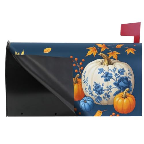 Image of Wamika Welcome Fall Blue Magnetic Mailbox Covers Porcelain Pumpkin Maple Leaves Mailbox Cover Over Size Full Magnet Garden Yard Porch Mail Boxes Cover Holiday Decorations 25 inch L x 21 inch W